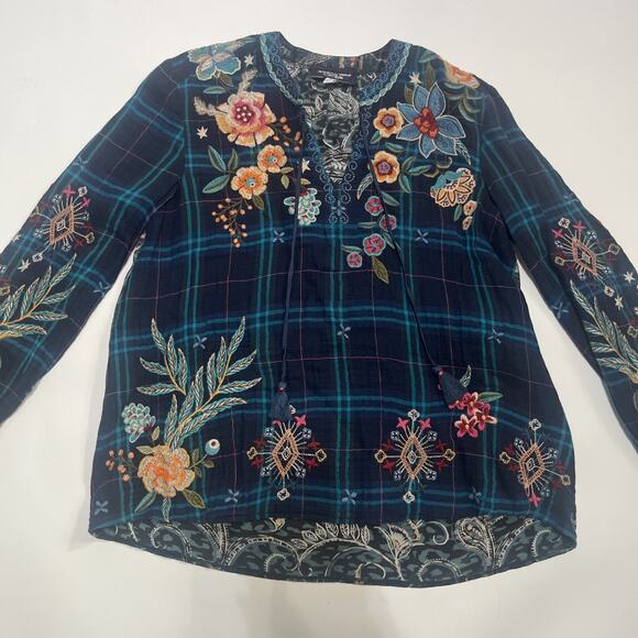 Johnny Was XS Embroidered Plaid Blouse Peasant Top V Neck Cotton Silk Boho - Picture 2 of 13